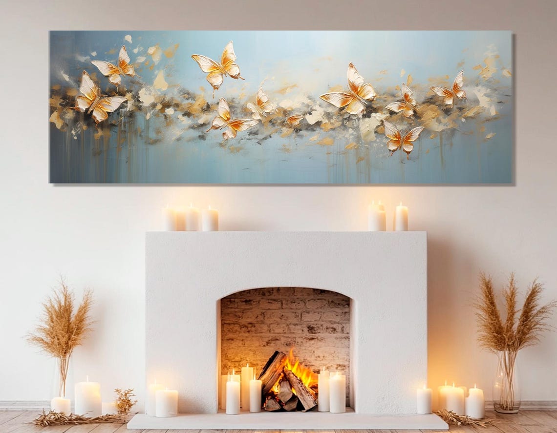 Golden Butterflies Abstract Blue Background Elegant Flying Art Poster