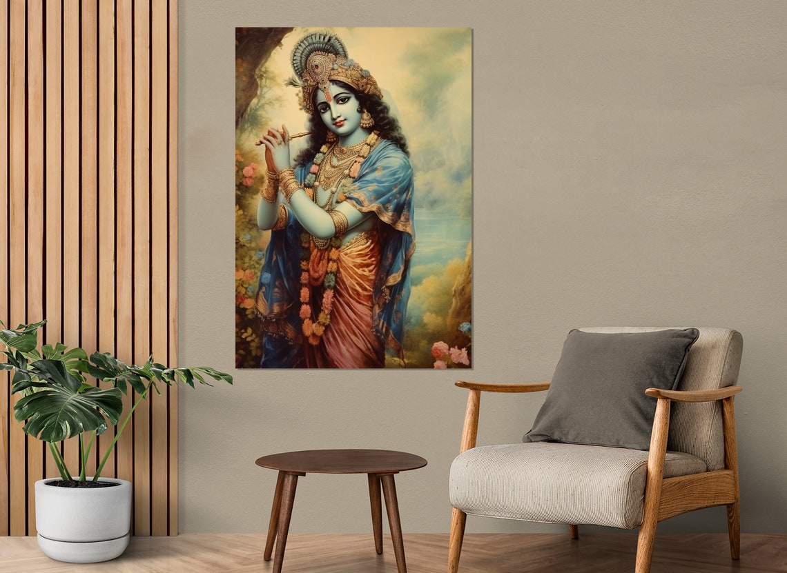 Lord Krishna Playing Flute Peacock Crown Hindu God Wall Art Poster - Image 3