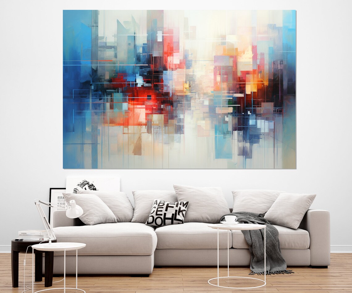 Abstract Geometric City Skyline In Blue Red And Orange Poster