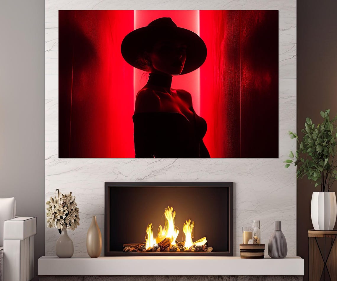 Mysterious Woman Red Neon Light Silhouette Hat Modern Art Poster - Image 3