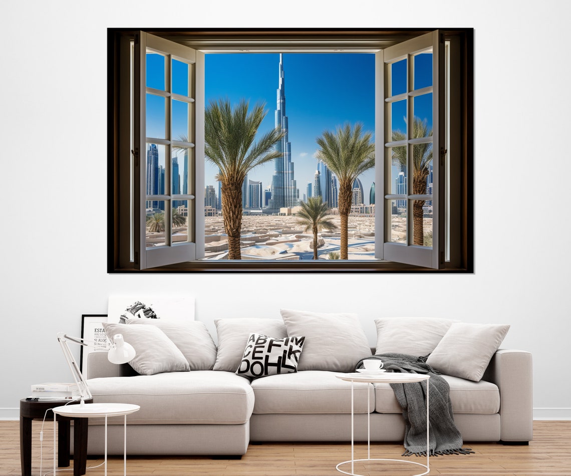 Dubai Burj Khalifa Skyline Palm Trees Open Window City View Poster