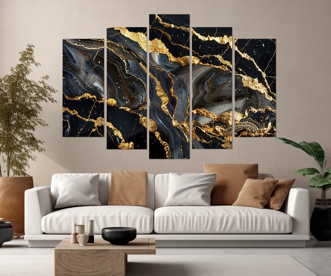 Black Gold Marble Abstract Kintsugi Veins Luxury Modern Wall Poster - Image 2