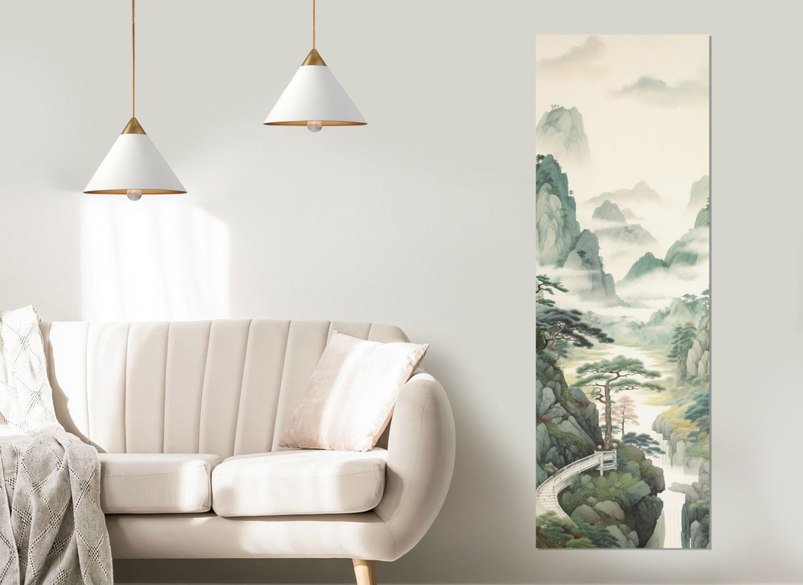 Misty Asian Mountains Ink Wash Vertical Waterfall Pines Zen Art Poster - Image 2