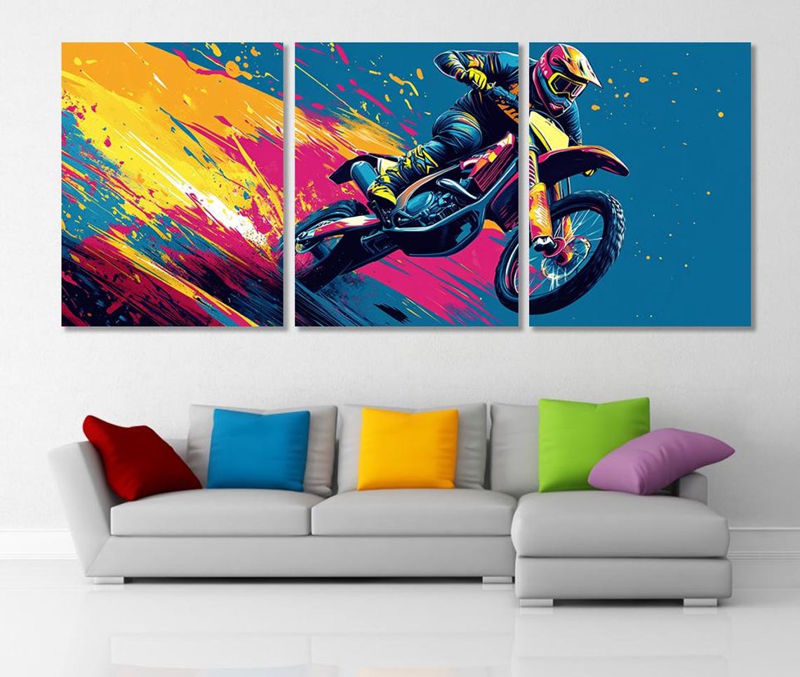 Motocross Rider Colorful Splash Triptych Dirt Bike Bedroom Poster - Image 2
