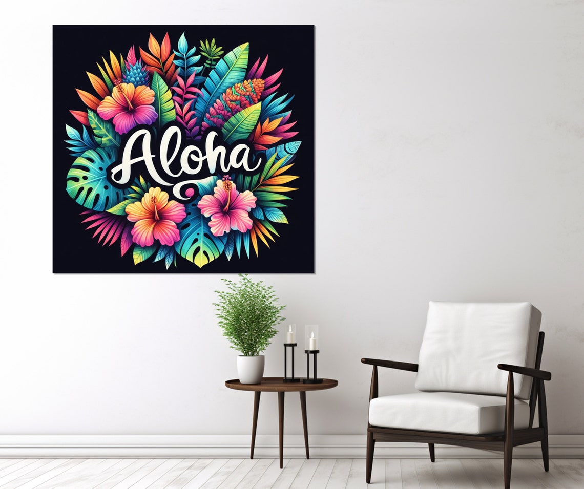 Aloha Neon Hibiscus Wreath Monstera Leaves Black Background Wall Art - Image 3