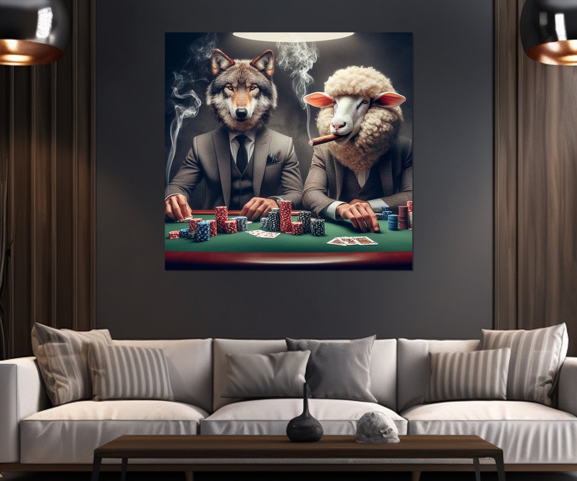 Wolf And Sheep Playing Poker Funny Casino Card Game Night Poster - Image 3