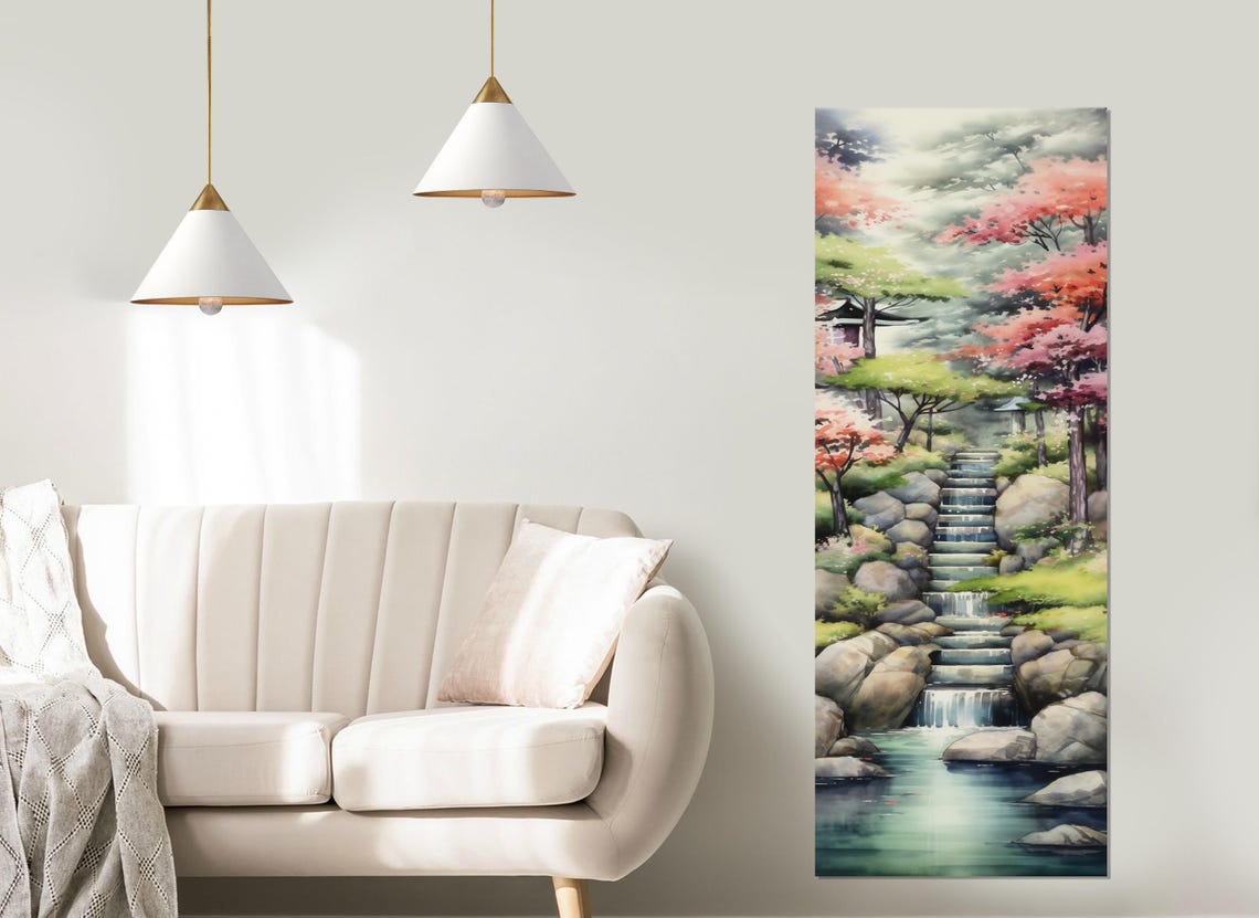 Japanese Garden Stone Steps Waterfall Stream Blossom Serene Poster - Image 2