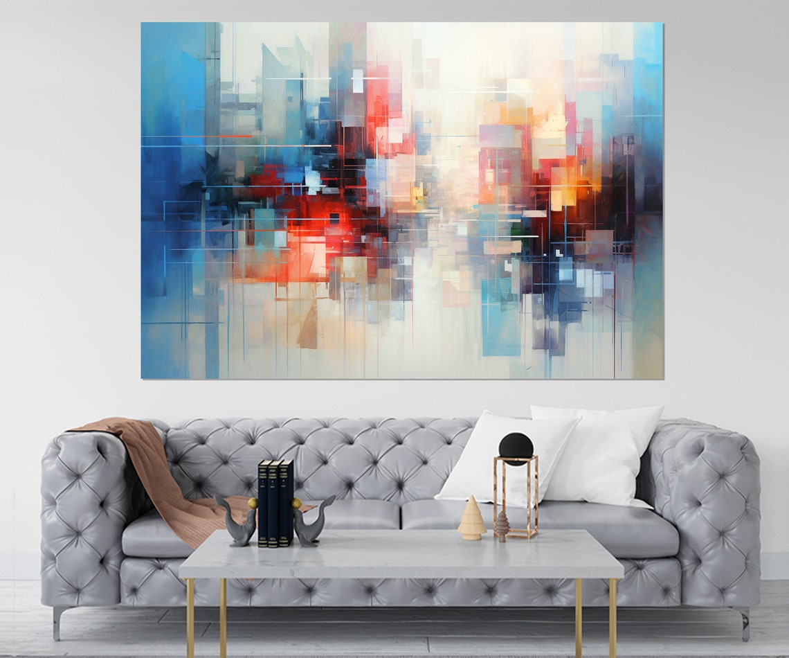 Abstract Geometric City Skyline In Blue Red And Orange Poster - Image 4