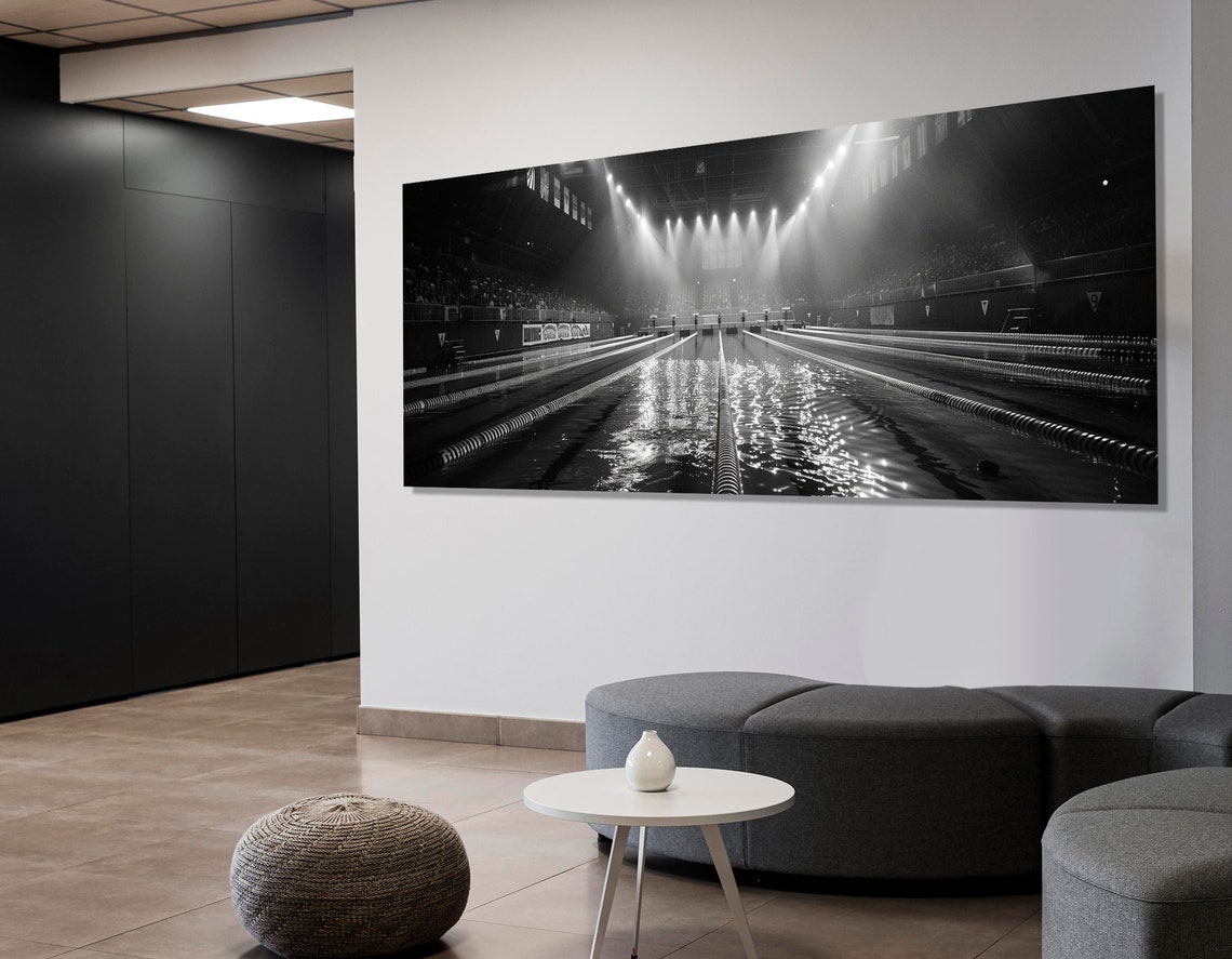 Black And White Olympic Swimming Pool Arena Night Lanes Sports Poster - Image 2