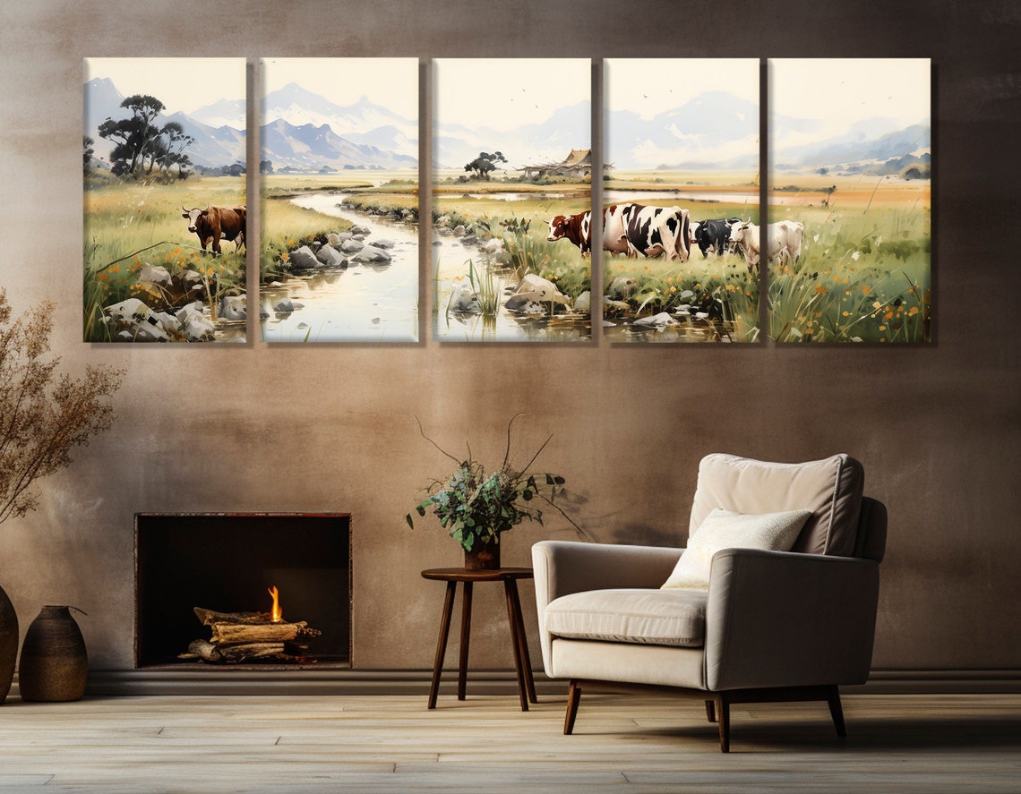 Cows Grazing By Mountain Stream Watercolor Meadow Farm Scene Poster - Image 2