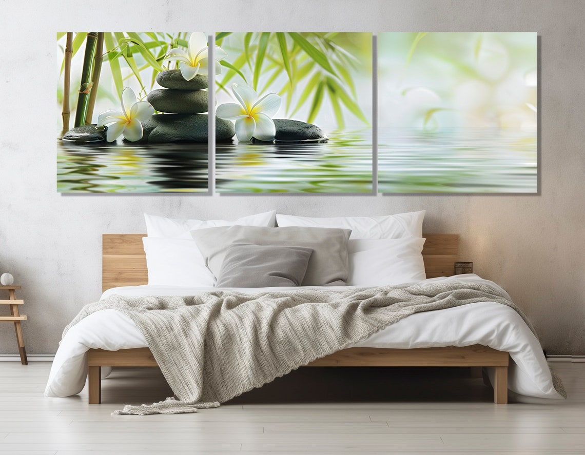 Zen Spa Stones Stacked Cairns Water Bamboo Serene Green Wall Art - Image 4