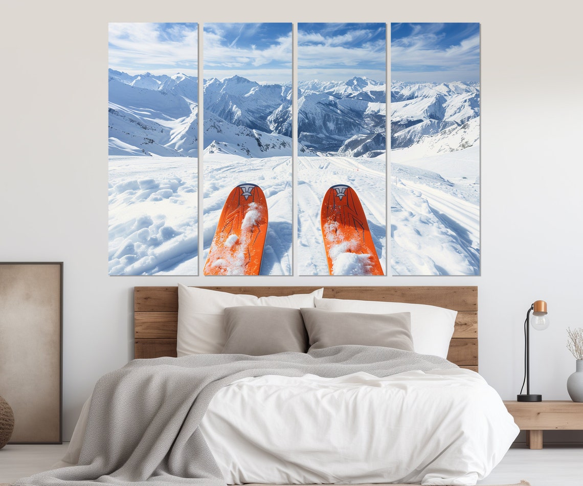Orange Ski Tips Snowy Mountain Peaks First Person View Alpine Poster - Image 3