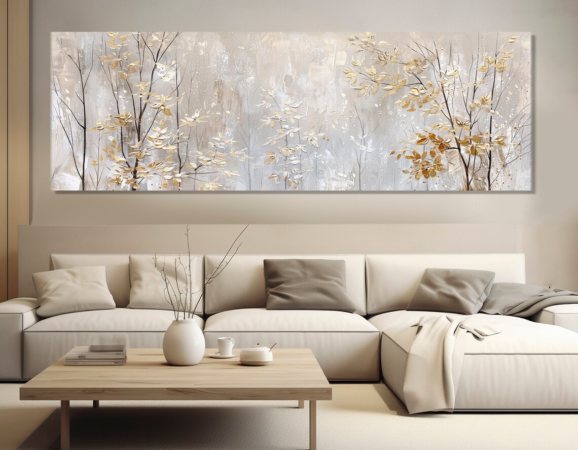 Winter Trees With Golden Leaves, Neutral Forest Art Print