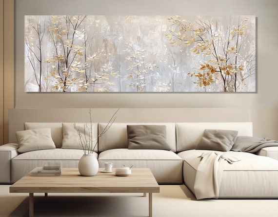 Winter Trees With Golden Leaves, Neutral Forest Art Print