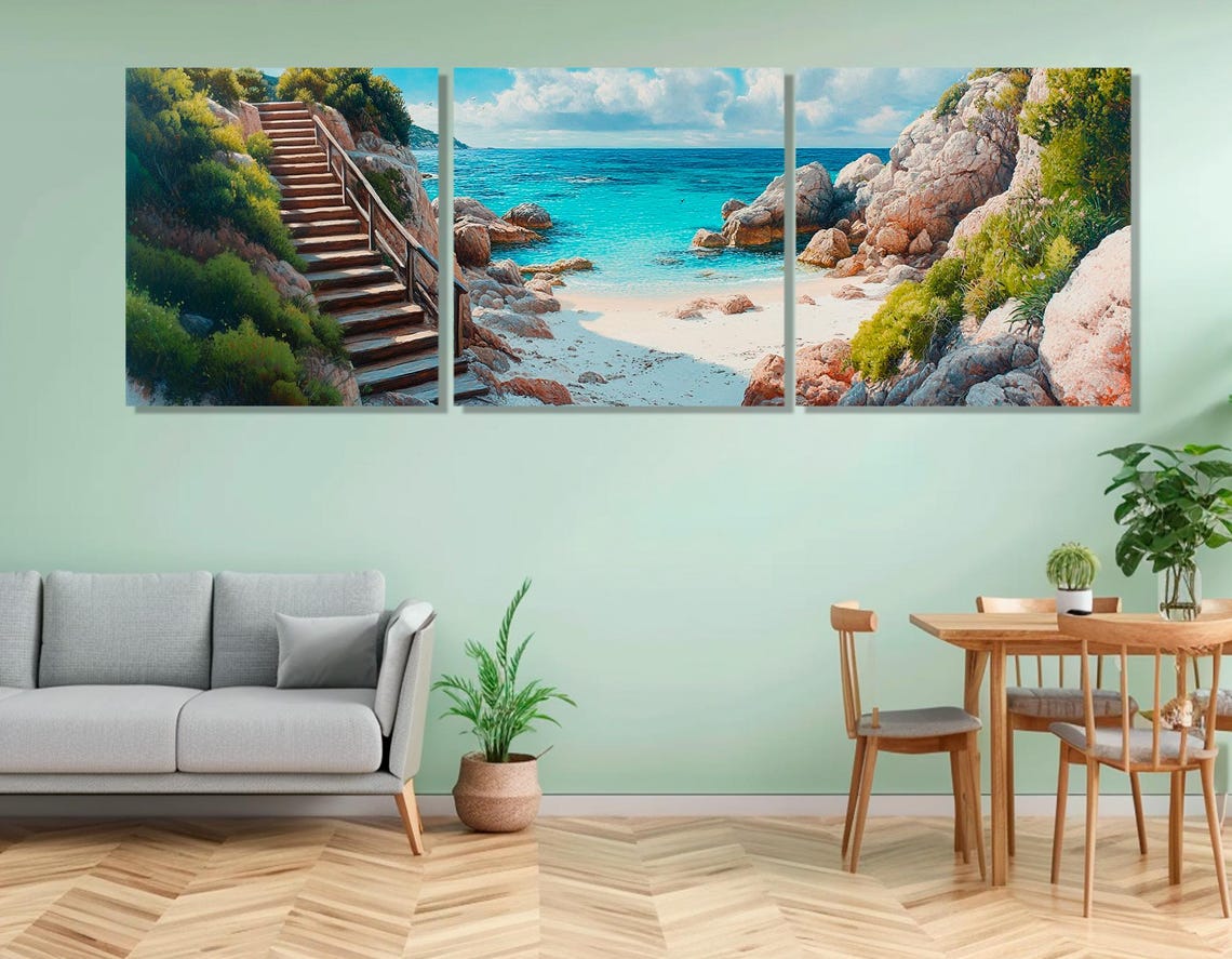 Rocky Cove Beach Long Stairway Turquoise Water Panoramic Art Poster - Image 4