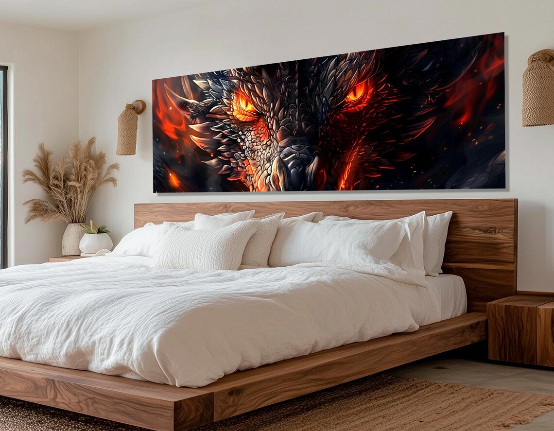 Fierce Black Dragon Face Glowing Orange Eyes Fantasy Art Wall Art Poster - Image 2
