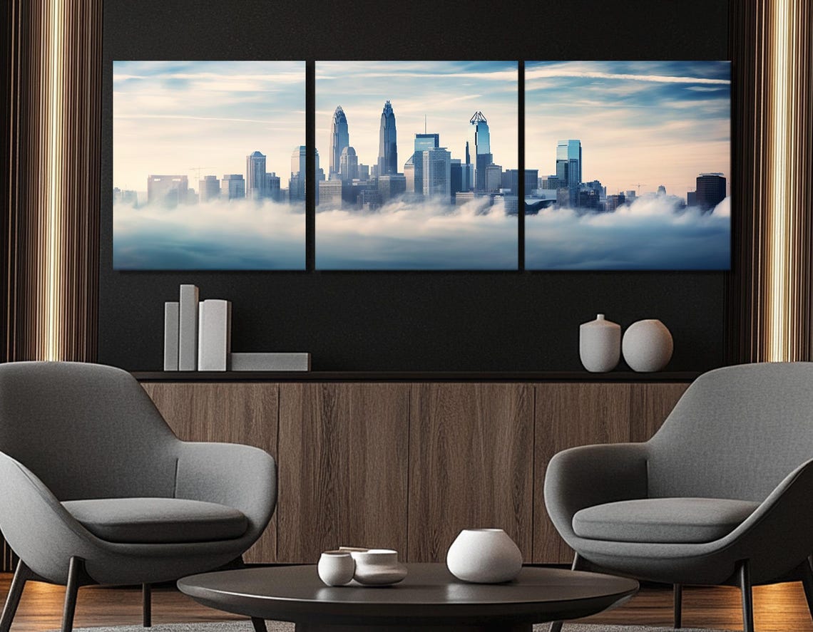 Misty Charlotte Morning Skyline Rising Above Low Fog Clouds Poster - Image 4