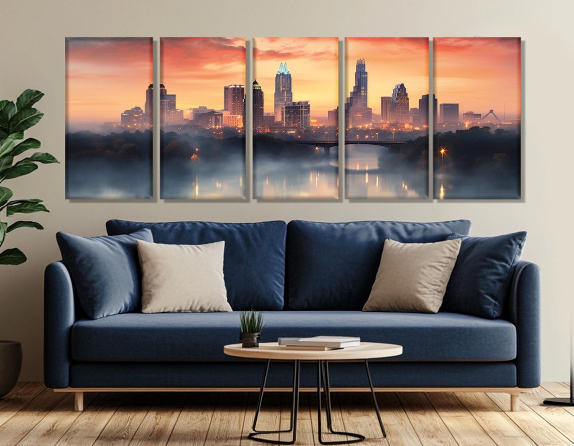 Misty Austin Morning Skyline With Calm River Reflection Poster - Image 3