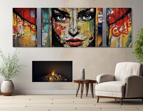 Street Graffiti Woman Face Triptych Urban Spray Paint Colorful Wall Art Print