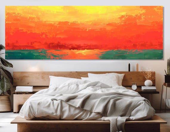 Abstract Orange Sunset Painting Print Sunset In Bedroom Contemporary Painting Modern Bedroom Wall Decor Framed And Ready To Hang