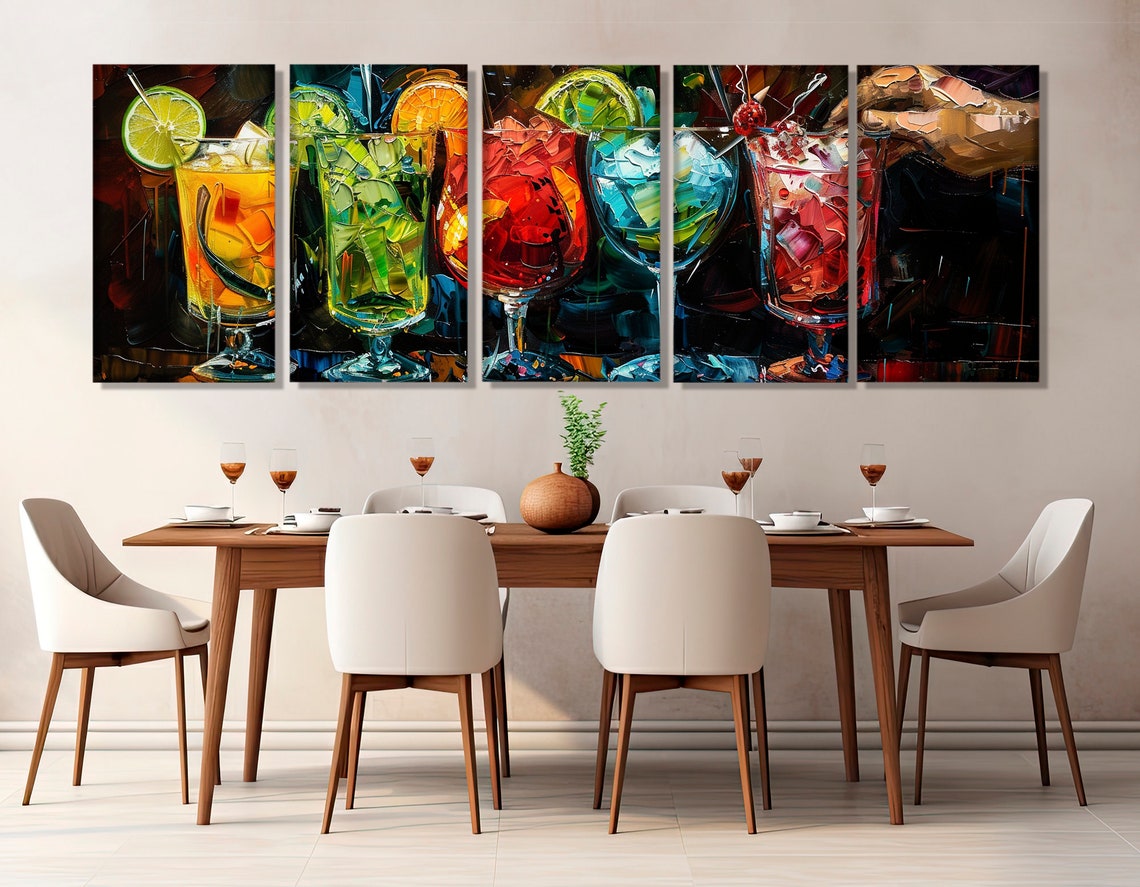 Colorful Cocktails Abstract Impasto Painting Five Drinks Bar Wall Art - Image 3