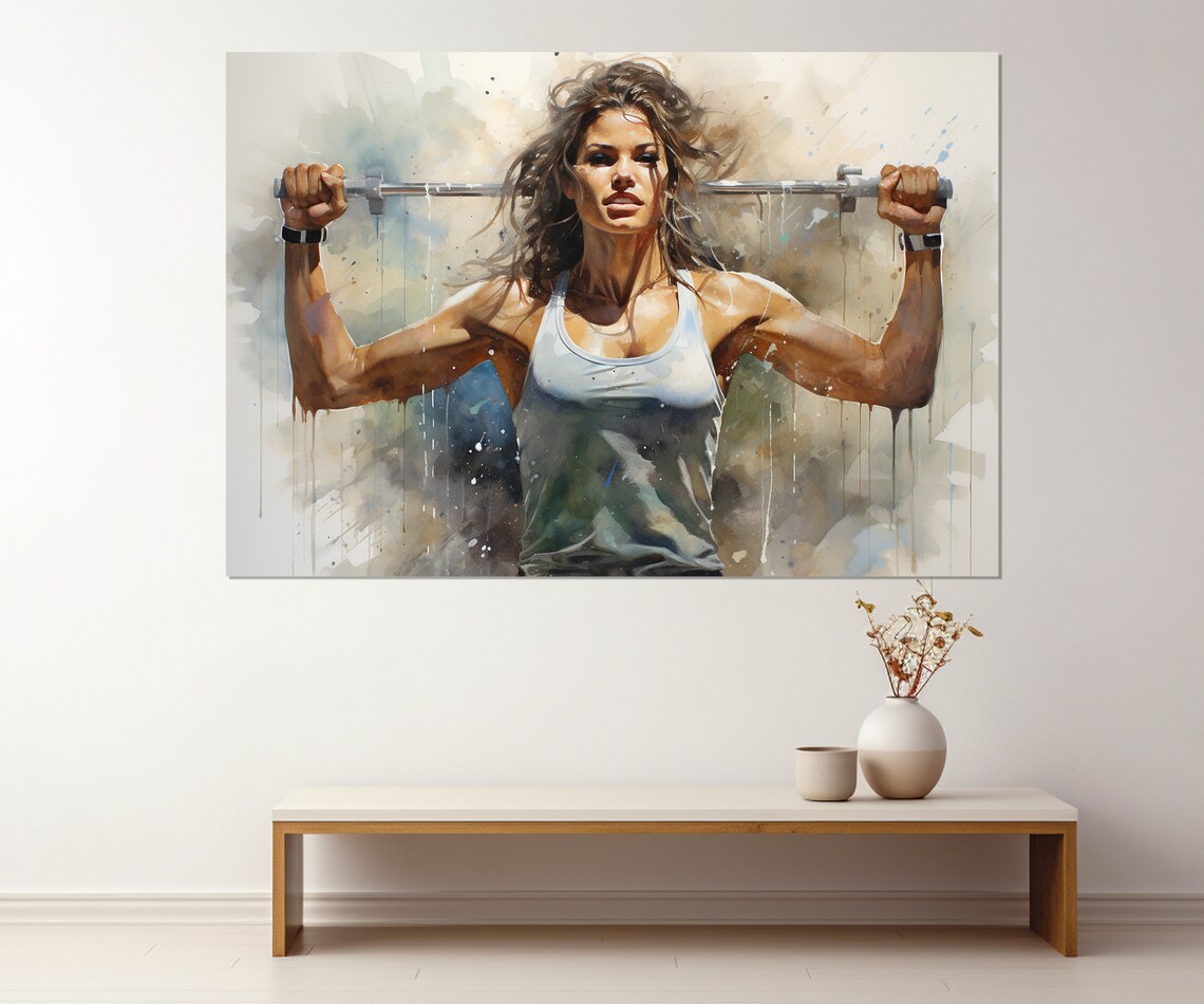 Strong Woman Lifting Barbell Watercolor Fitness Motivation Gym Wall Art - Image 2