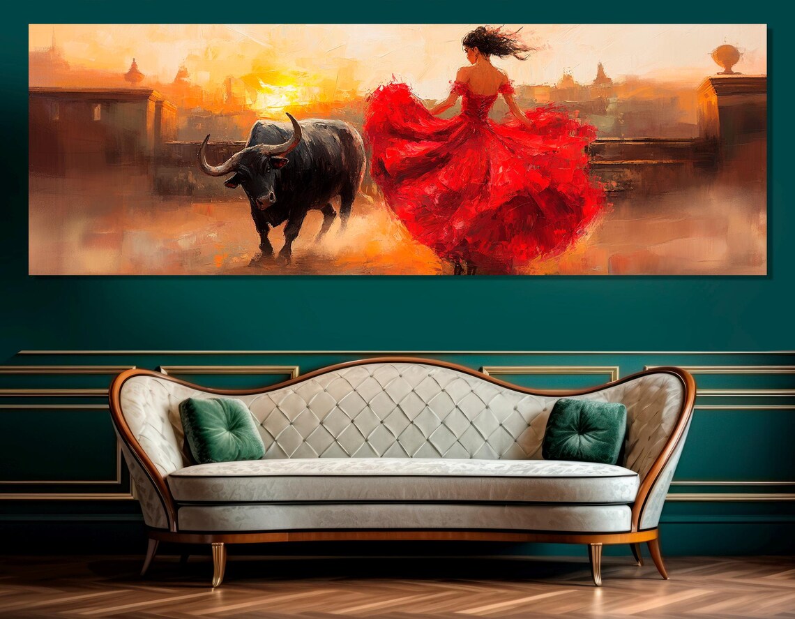 Lady in Red Dress Fighting Bull Sunset Impressionist Spanish Art Poster