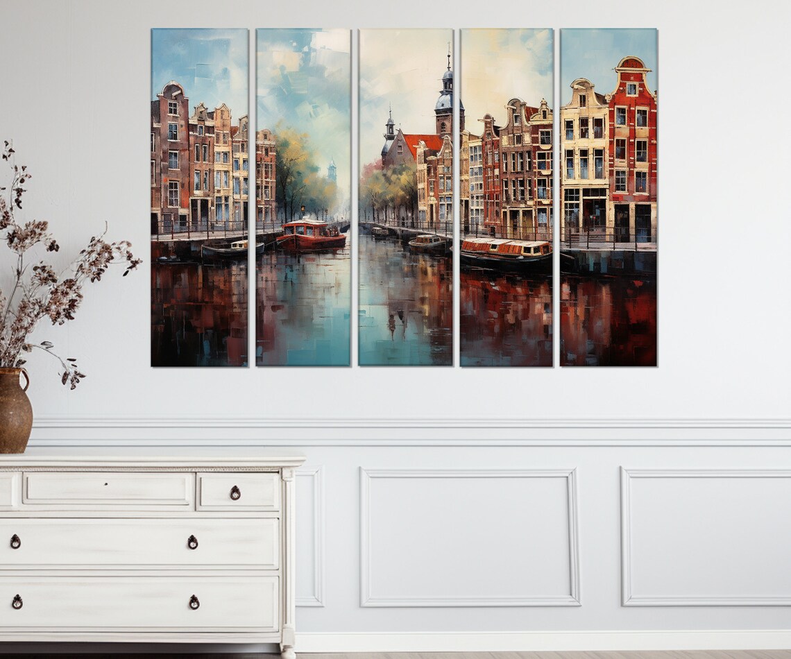Amsterdam Canal Classic Houses Boats Church Tower Oil Painting Poster - Image 3