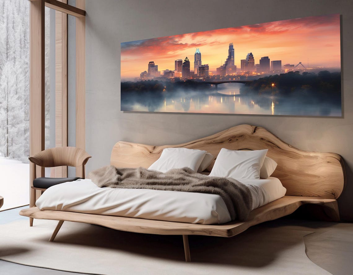 Misty Austin Morning Skyline With Calm River Reflection Poster - Image 2