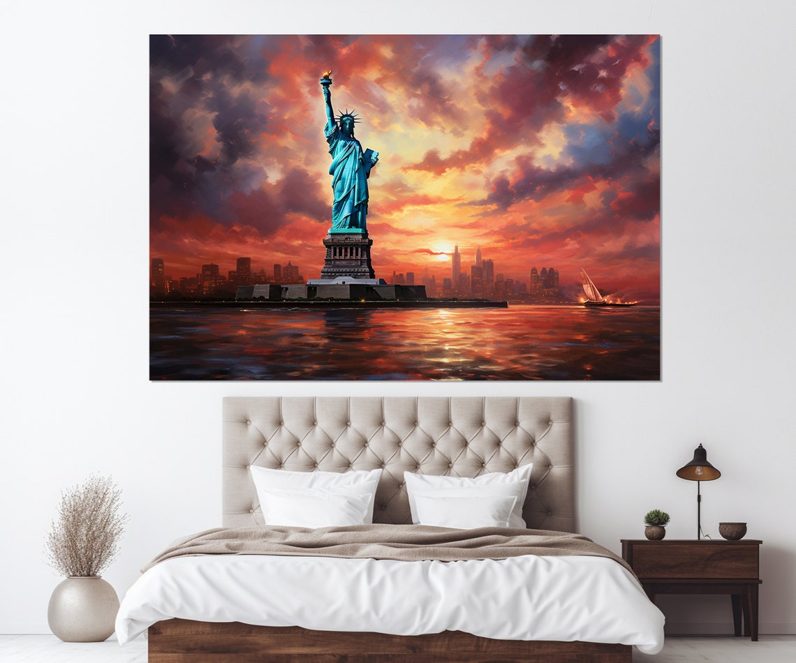Statue Of Liberty At Fiery Sunset New York Skyline Harbor View Poster
