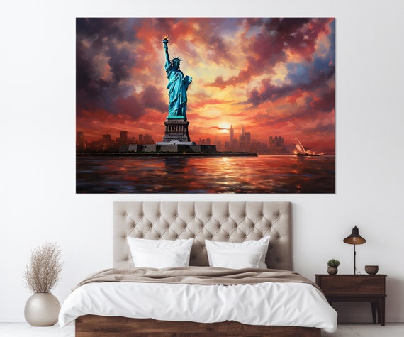 Abstract Statue Of Liberty In Sunset Painting Print New York Wall Art Framed And Ready To Hang