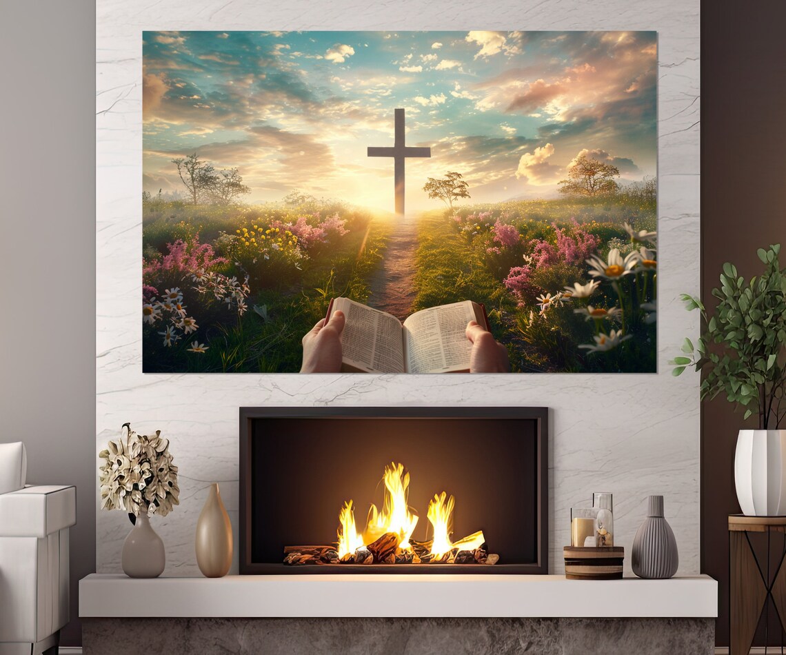 Open Bible Cross Sunrise Wildflower Meadow Path Triptych Faith Wall Art - Image 4