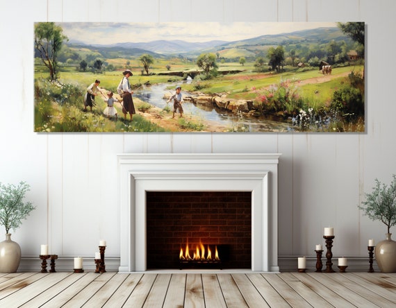 Nature Landscape With Family Playing At The River Print Panoramic River Painting Large Family Wall Art Framed And Ready To Hang