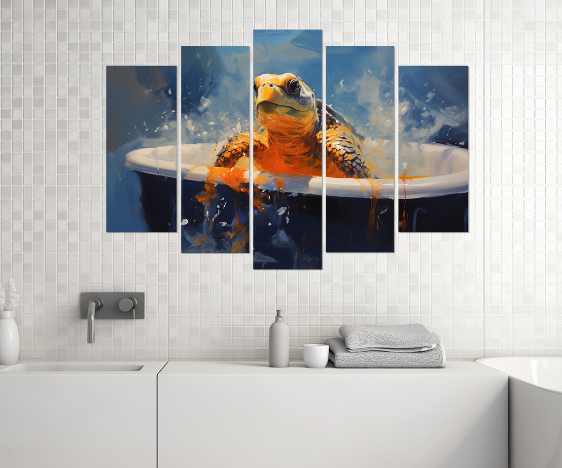 Sea Turtle Splashing In Bathtub Oil Painting Bathroom Wall Art Poster - Image 3