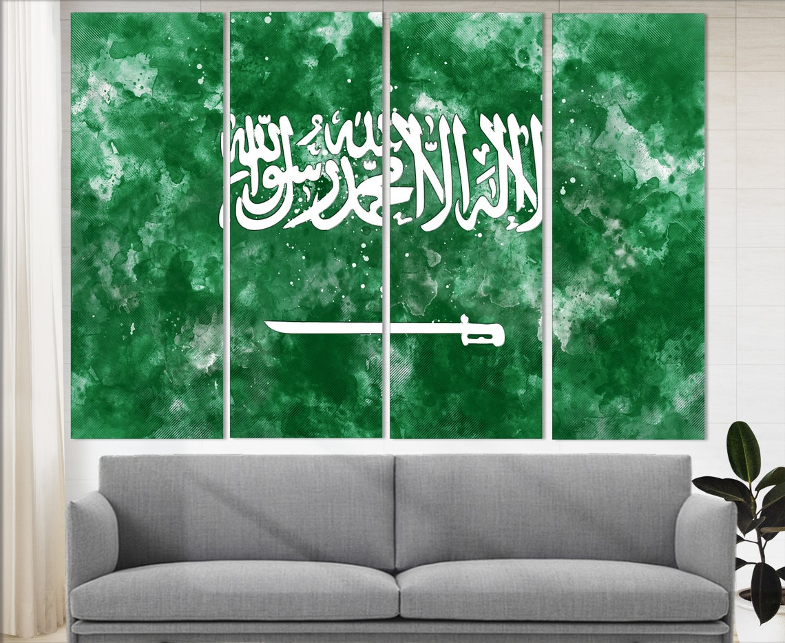 Saudi Arabia Flag Grunge Watercolor Green Calligraphy Sword Poster - Image 3