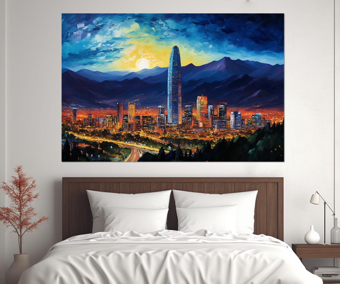 Santiago Chile Skyline Sunset Mountains Painted City Night Poster - Image 4