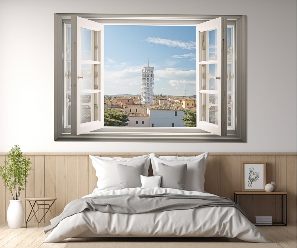 Leaning Tower Of Pisa Open Window Old Town Rooftops View Poster