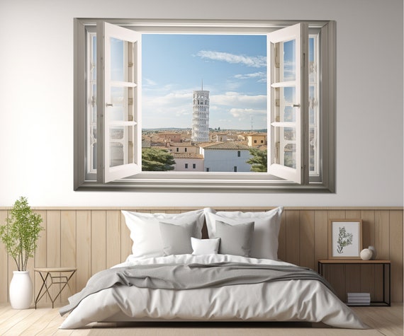 Open Window With Leaning Tower Of Pisa View Print Pisa Wall Art Faux Window Wall Decor Framed And Ready To Hang