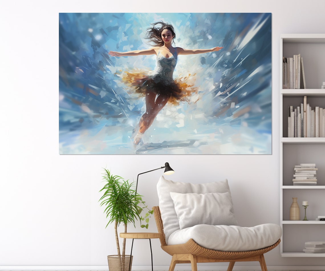 Female Figure Skater Mid Jump Icy Blue Winter Sports Art Poster