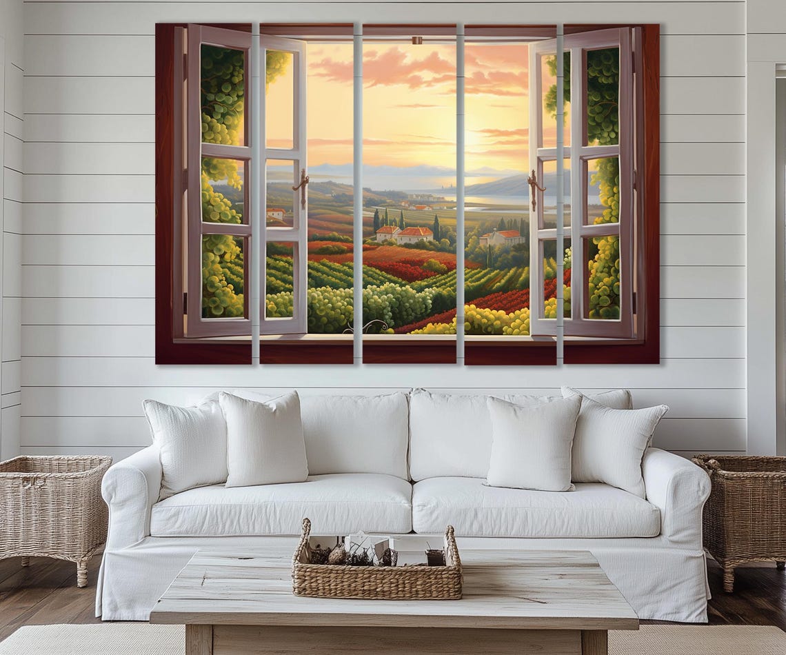 Open Window With Vineyards View Print Vineyard On Sunset Painting Wine Wall Art Winery Wall Decor Framed And Ready To Hang - Image 3