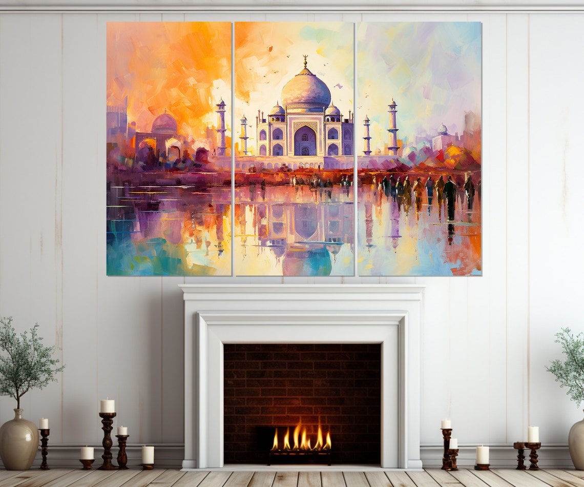 Taj Mahal Sunset Abstract Oil Painting River Reflection India Poster - Image 2
