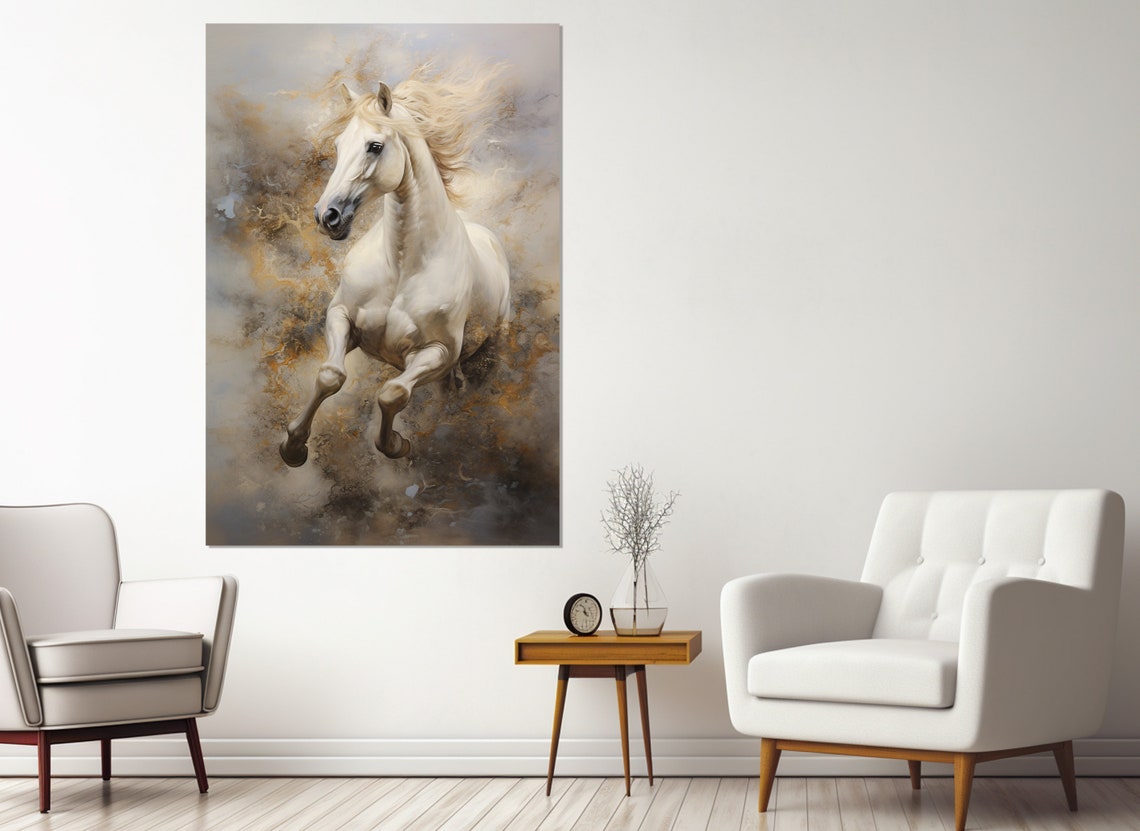 Galloping White Horse Abstract Gold Grey Background Equine Poster - Image 2