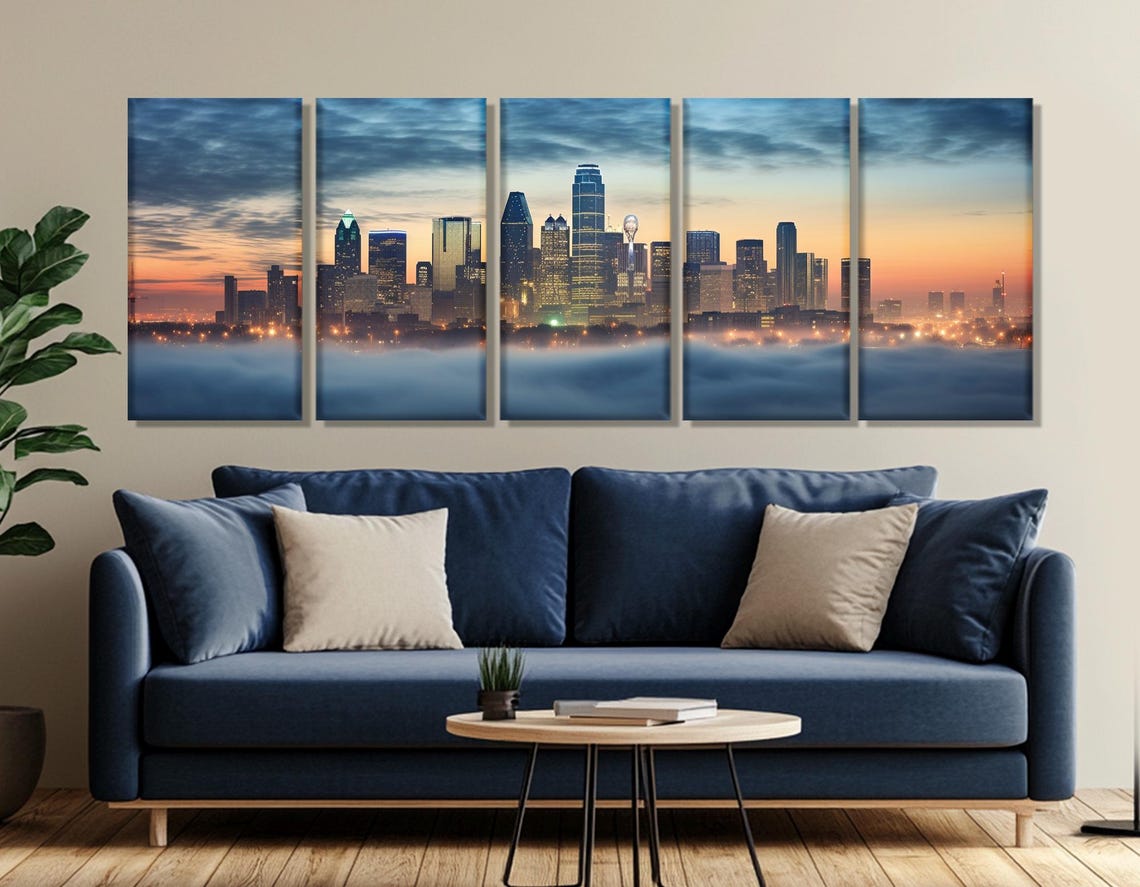 Dallas Texas Skyline Misty Dawn Fog City Lights Panoramic Poster - Image 3
