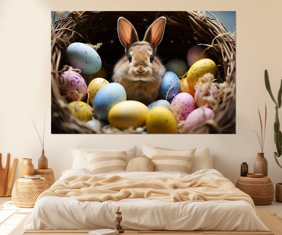 Cute Baby Rabbit In Easter Egg Basket Colorful Eggs Nursery Wall Art Poster
