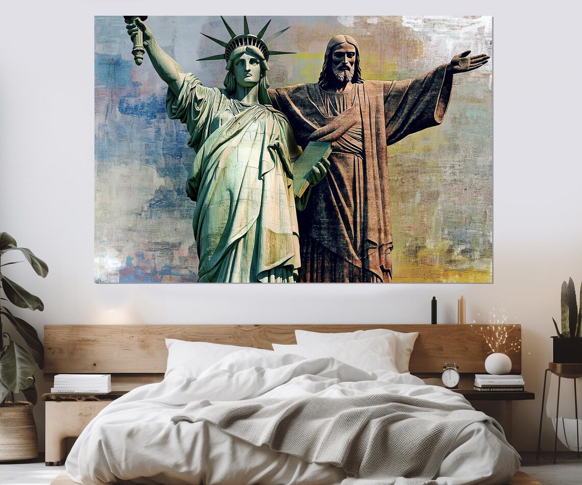 Statue Of Liberty And Christ Redeemer New York Rio Painting Poster - Image 3
