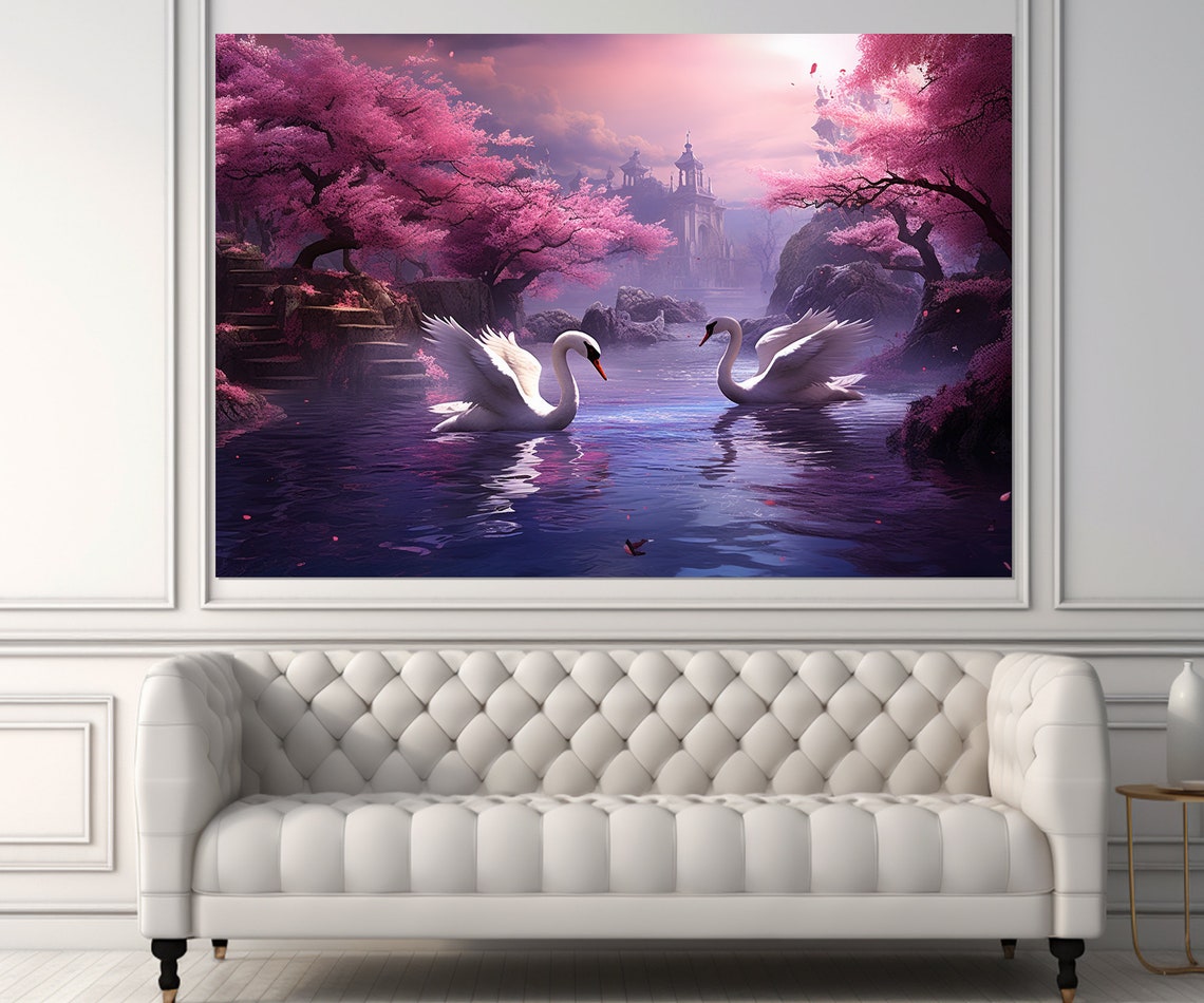 Two White Swans On A Fantasy Lake With Pink Cherry Blossoms Poster - Image 3