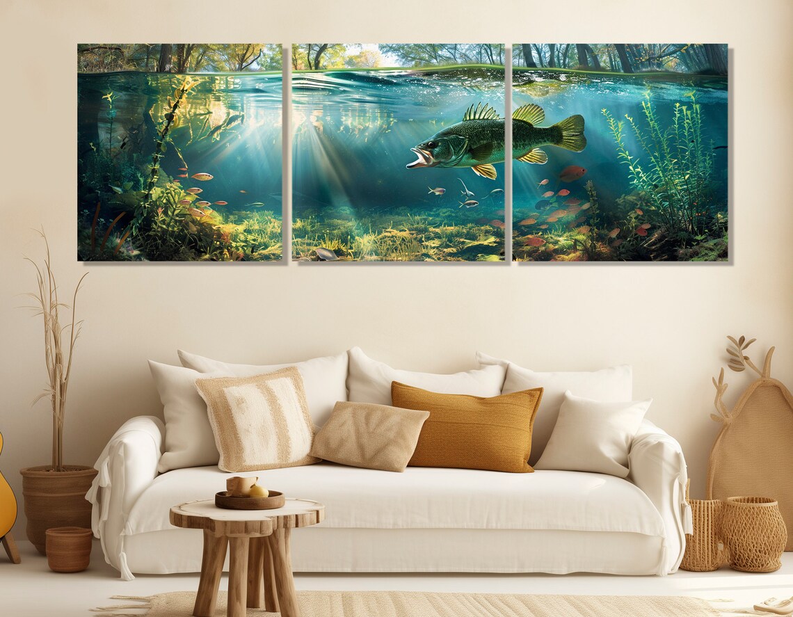 Largemouth Bass Underwater Sunbeams Lake Fishing Scene Poster - Image 2