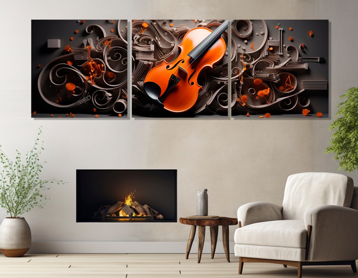 Orange Violin Quilling Paper Art Swirls Dark Background Music Wall Art - Image 2