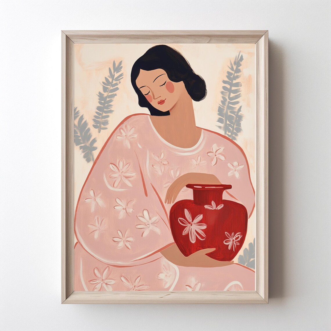 Boho Woman Holding Red Vase Modern Feminine Illustration Print