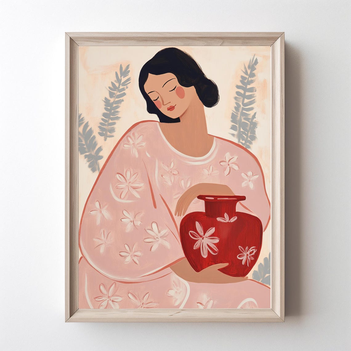 Boho Woman Print Contemporary Art Modern With Red Vase Feminine Decor Soft Pink Botanical
